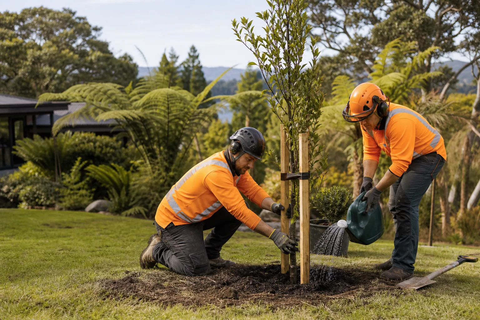 A newly planted tree being established on a Rotorua property