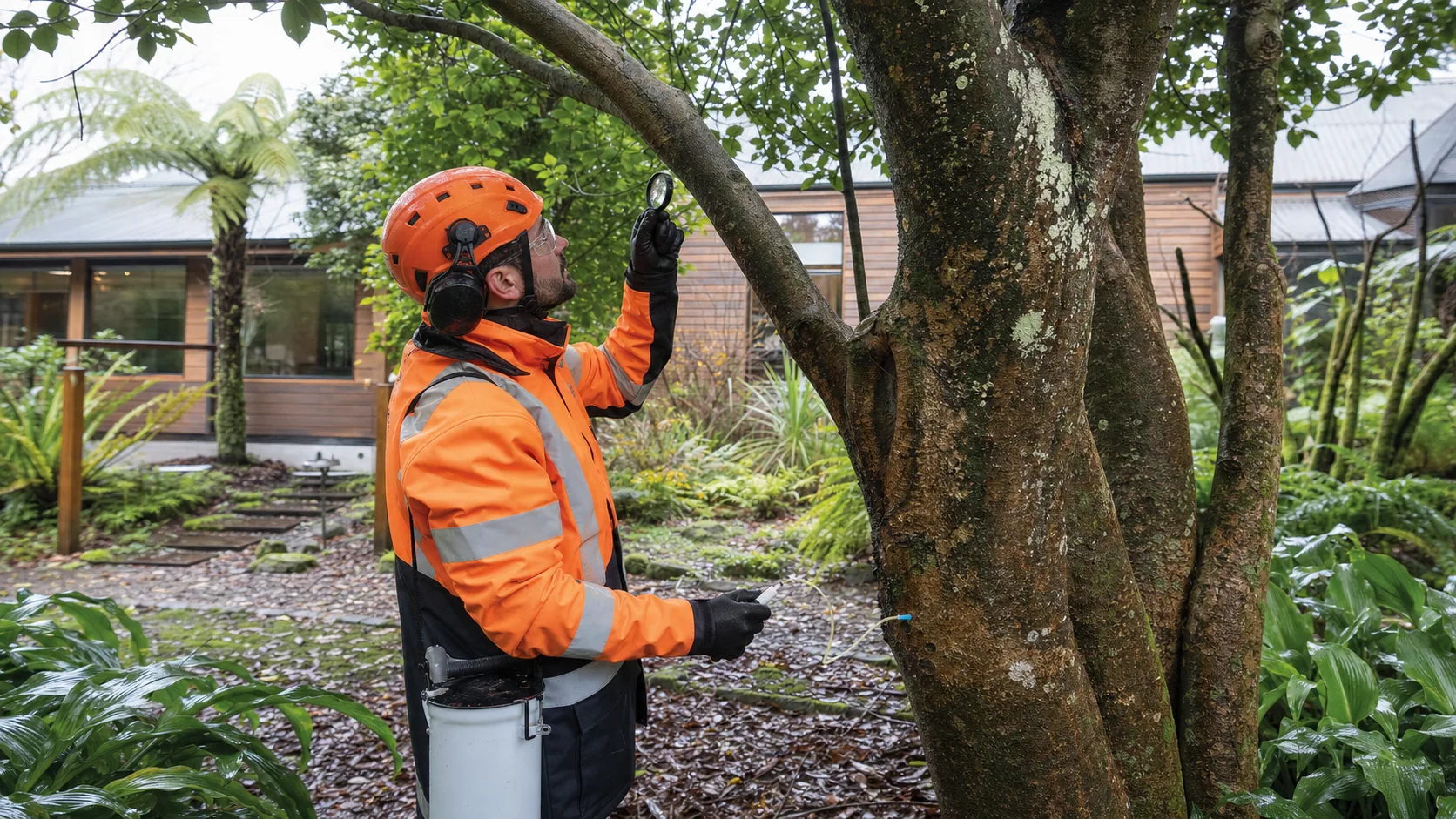 An arborist inspecting leaves and bark during a Rotorua tree health assessment