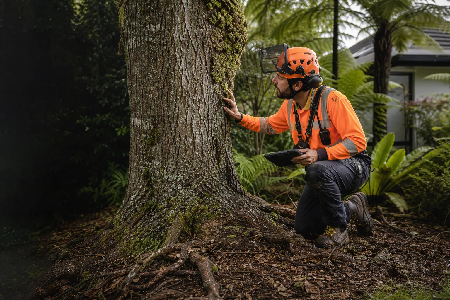 An arborist inspecting tree health at a Rotorua property